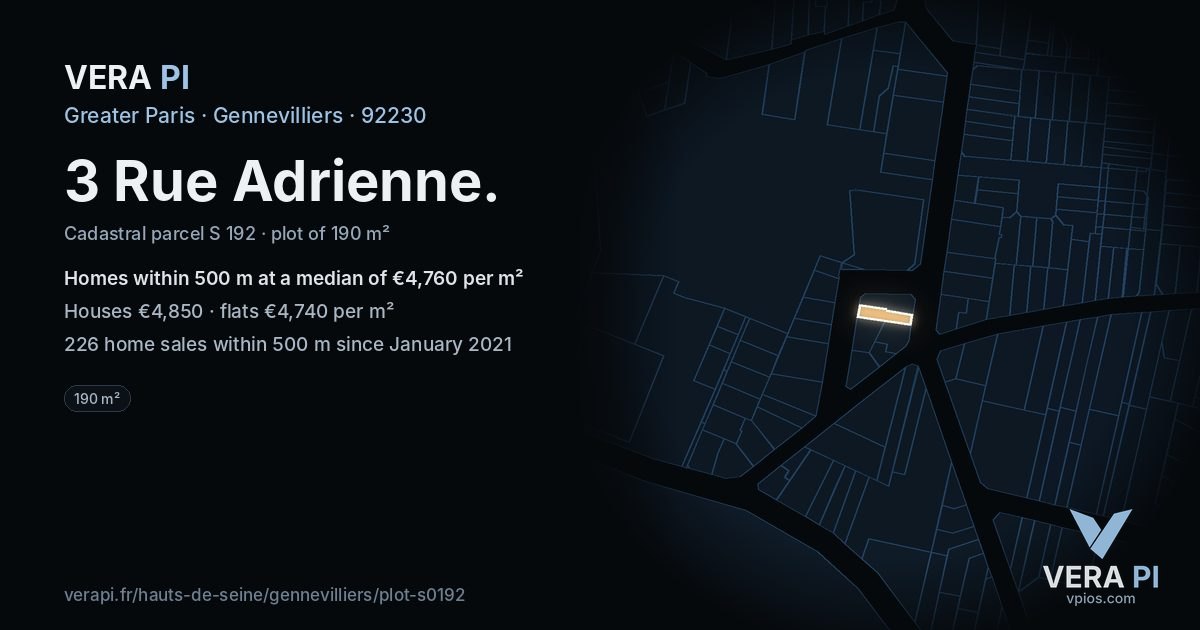 3 Rue Adrienne, Gennevilliers at night – the plot lit, the parcels around coloured by the prices near them