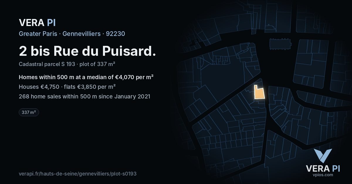 2 bis Rue du Puisard, Gennevilliers at night – the plot lit, the parcels around coloured by the prices near them
