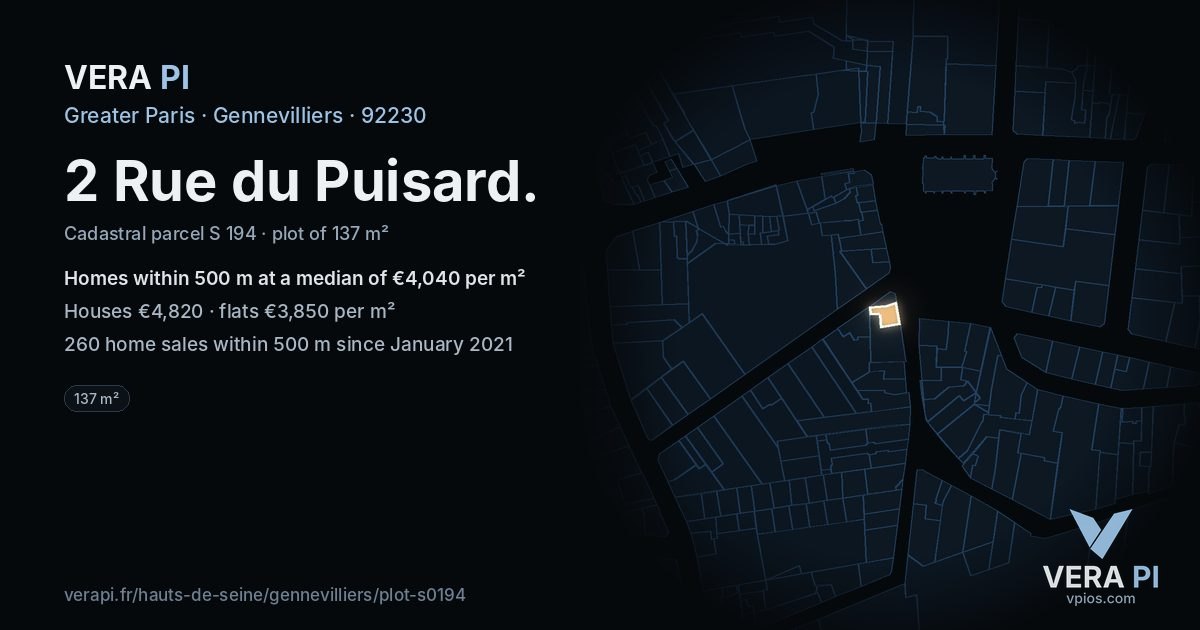 2 Rue du Puisard, Gennevilliers at night – the plot lit, the parcels around coloured by the prices near them