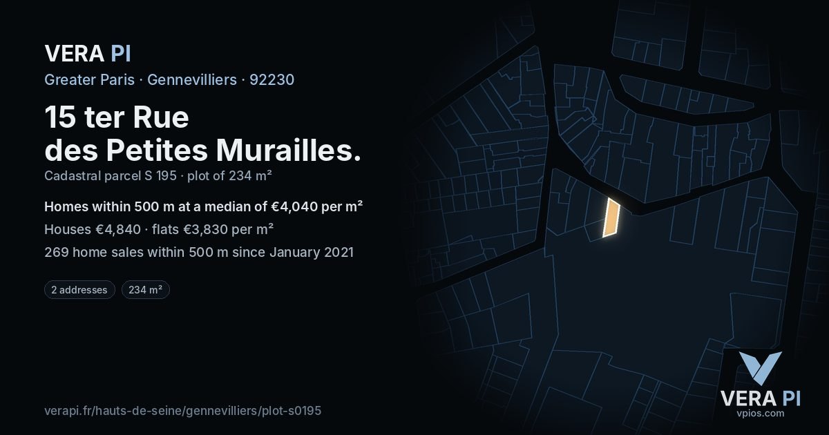 15 ter Rue des Petites Murailles, Gennevilliers at night – the plot lit, the parcels around coloured by the prices near them