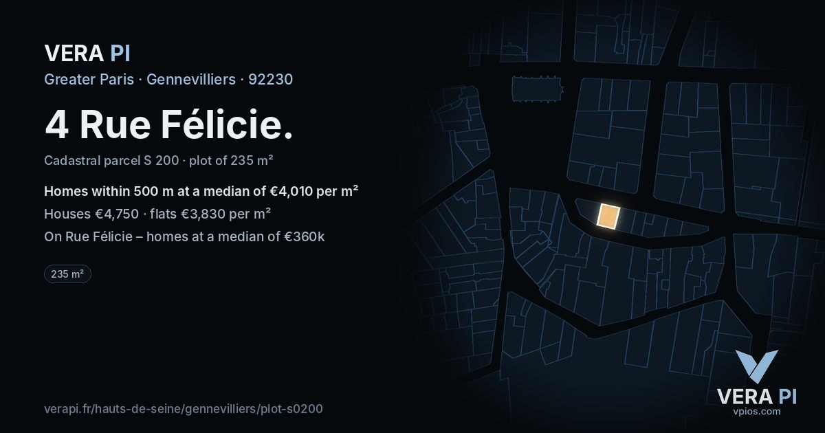 4 Rue Félicie, Gennevilliers at night – the plot lit, the parcels around coloured by the prices near them
