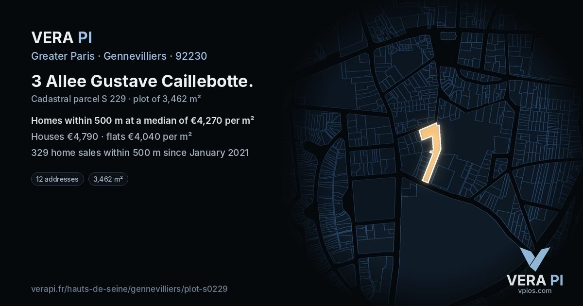 3 Allee Gustave Caillebotte, Gennevilliers at night – the plot lit, the parcels around coloured by the prices near them