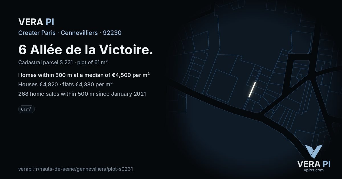 6 Allée de la Victoire, Gennevilliers at night – the plot lit, the parcels around coloured by the prices near them