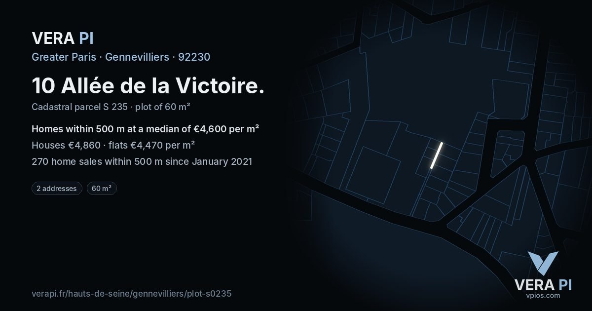 10 Allée de la Victoire, Gennevilliers at night – the plot lit, the parcels around coloured by the prices near them