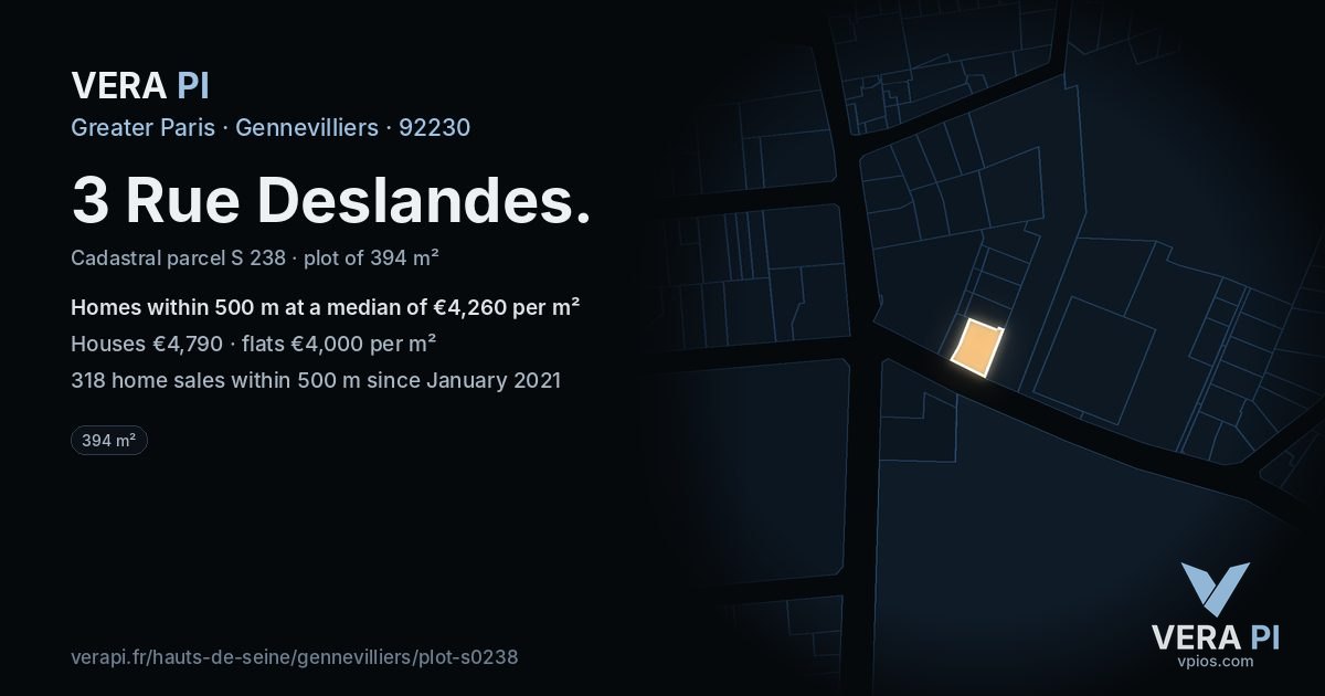 3 Rue Deslandes, Gennevilliers at night – the plot lit, the parcels around coloured by the prices near them