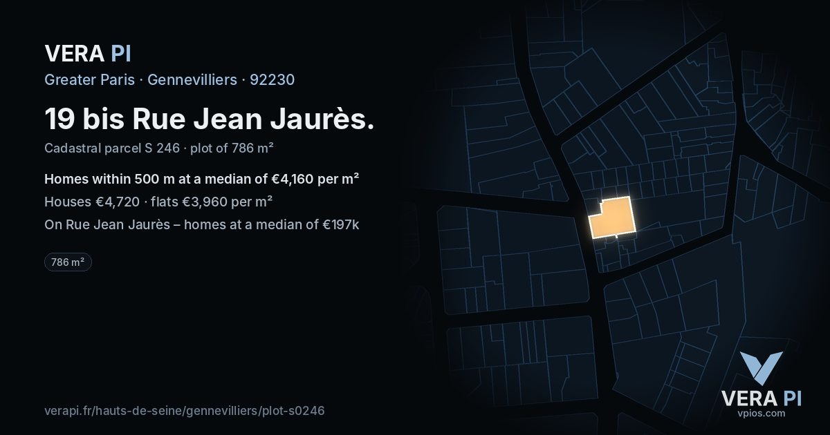 19 bis Rue Jean Jaurès, Gennevilliers at night – the plot lit, the parcels around coloured by the prices near them