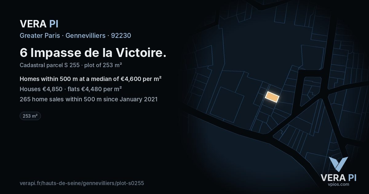 6 Impasse de la Victoire, Gennevilliers at night – the plot lit, the parcels around coloured by the prices near them