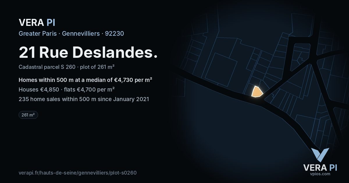 21 Rue Deslandes, Gennevilliers at night – the plot lit, the parcels around coloured by the prices near them