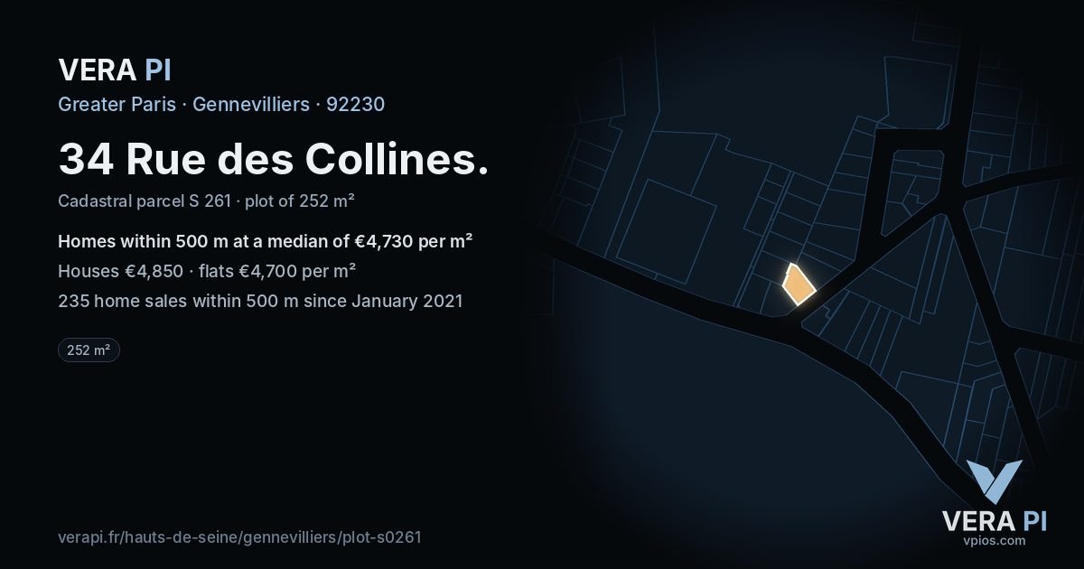 34 Rue des Collines, Gennevilliers at night – the plot lit, the parcels around coloured by the prices near them