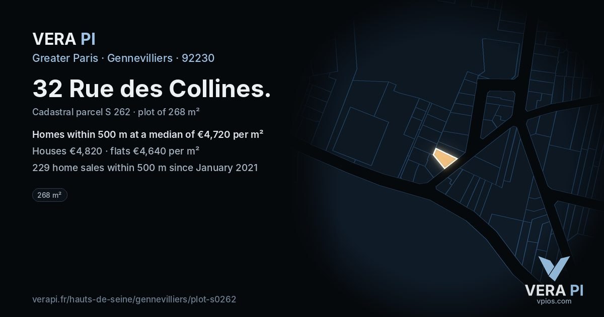 32 Rue des Collines, Gennevilliers at night – the plot lit, the parcels around coloured by the prices near them