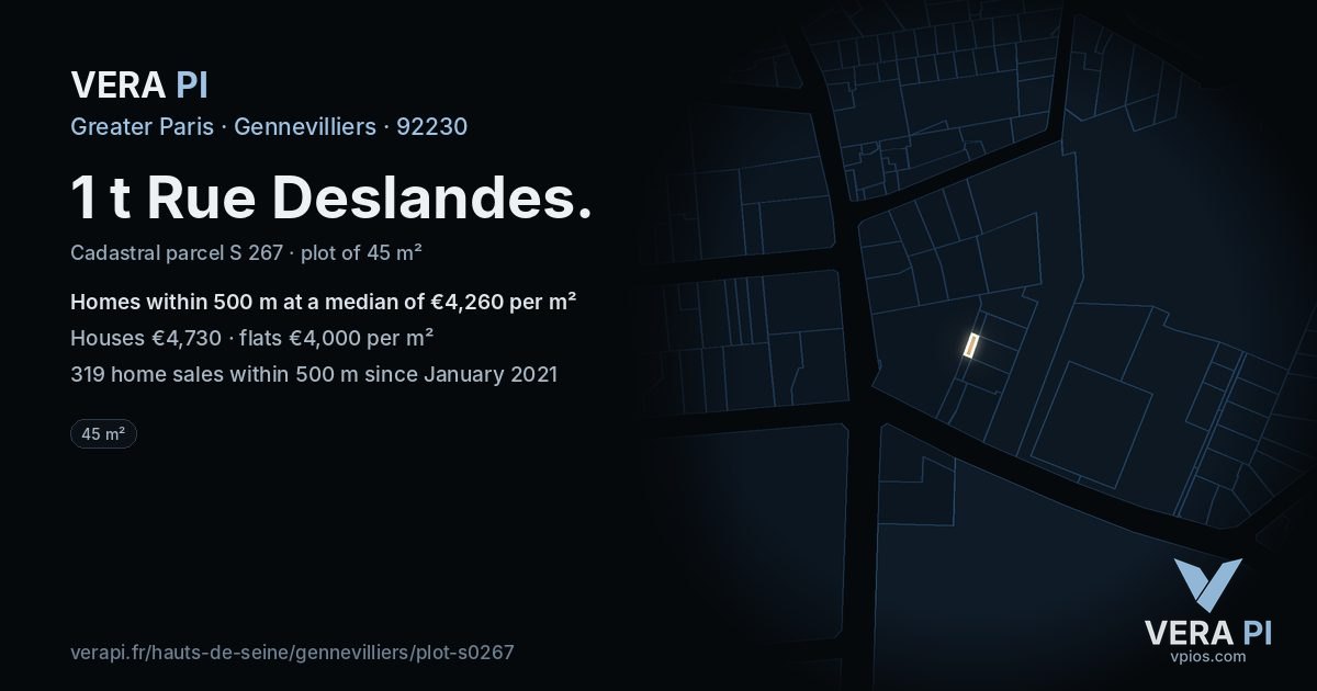 1 t Rue Deslandes, Gennevilliers at night – the plot lit, the parcels around coloured by the prices near them