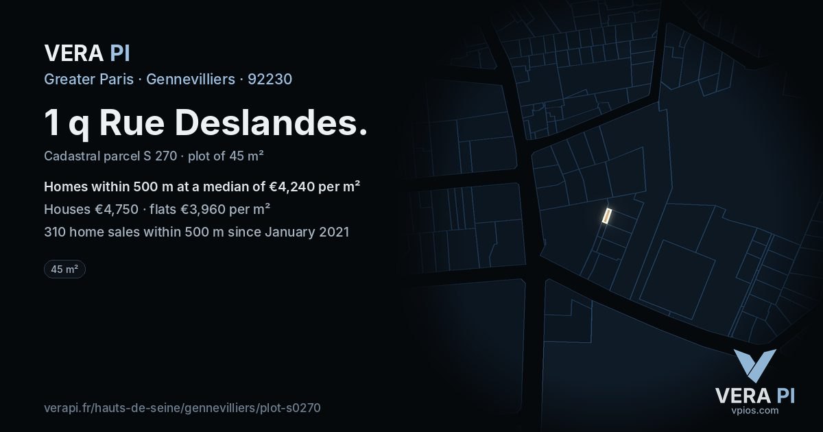 1 q Rue Deslandes, Gennevilliers at night – the plot lit, the parcels around coloured by the prices near them