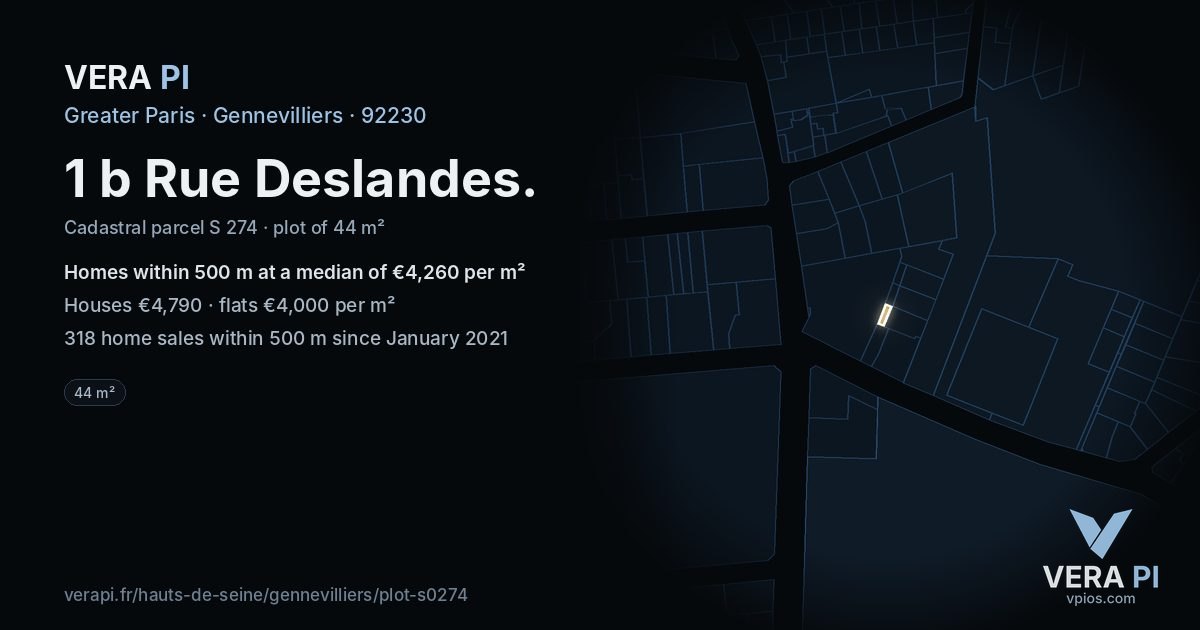 1 b Rue Deslandes, Gennevilliers at night – the plot lit, the parcels around coloured by the prices near them