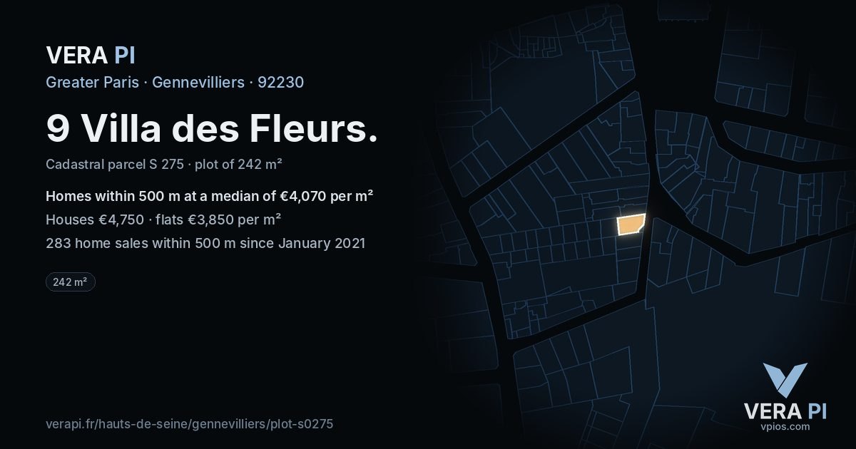 9 Villa des Fleurs, Gennevilliers at night – the plot lit, the parcels around coloured by the prices near them
