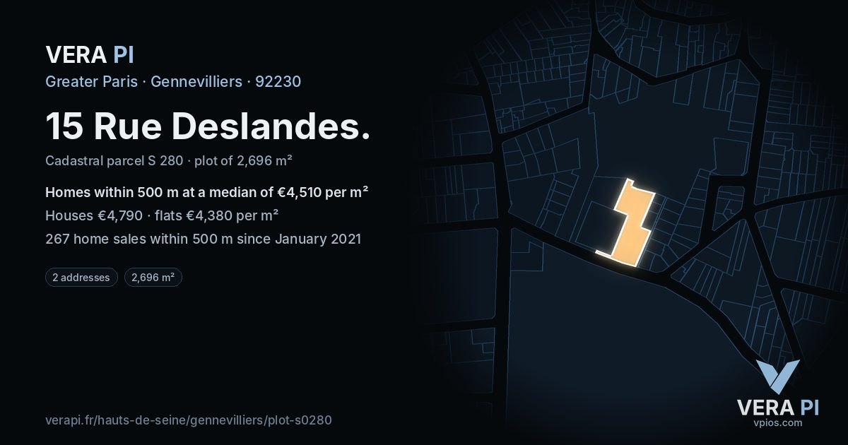 15 Rue Deslandes, Gennevilliers at night – the plot lit, the parcels around coloured by the prices near them