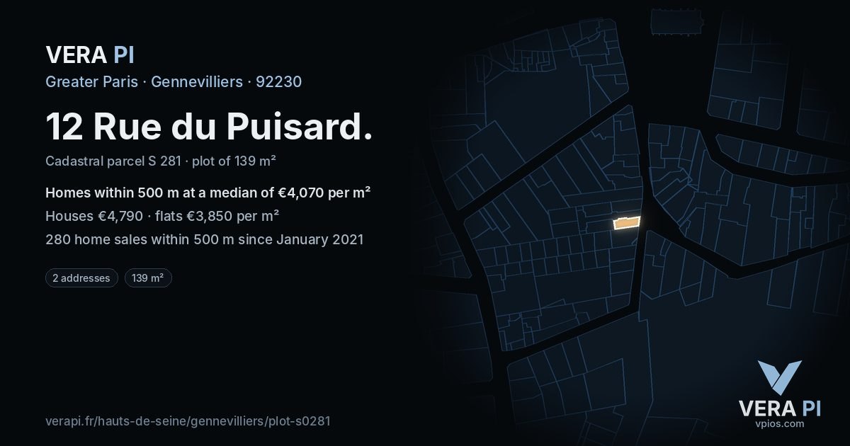 12 Rue du Puisard, Gennevilliers at night – the plot lit, the parcels around coloured by the prices near them
