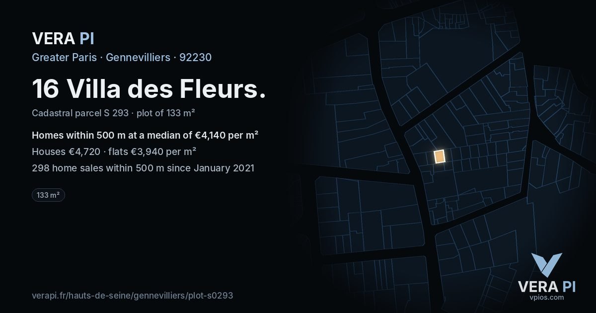16 Villa des Fleurs, Gennevilliers at night – the plot lit, the parcels around coloured by the prices near them