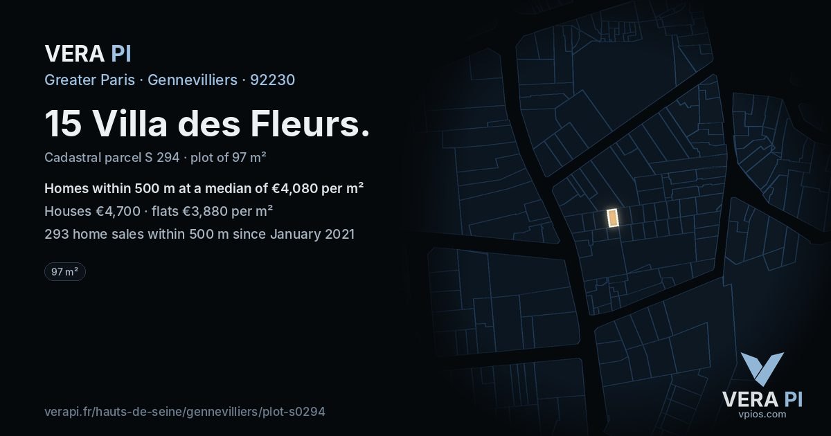 15 Villa des Fleurs, Gennevilliers at night – the plot lit, the parcels around coloured by the prices near them