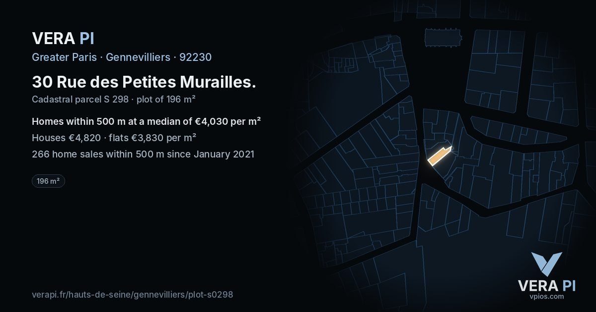 30 Rue des Petites Murailles, Gennevilliers at night – the plot lit, the parcels around coloured by the prices near them