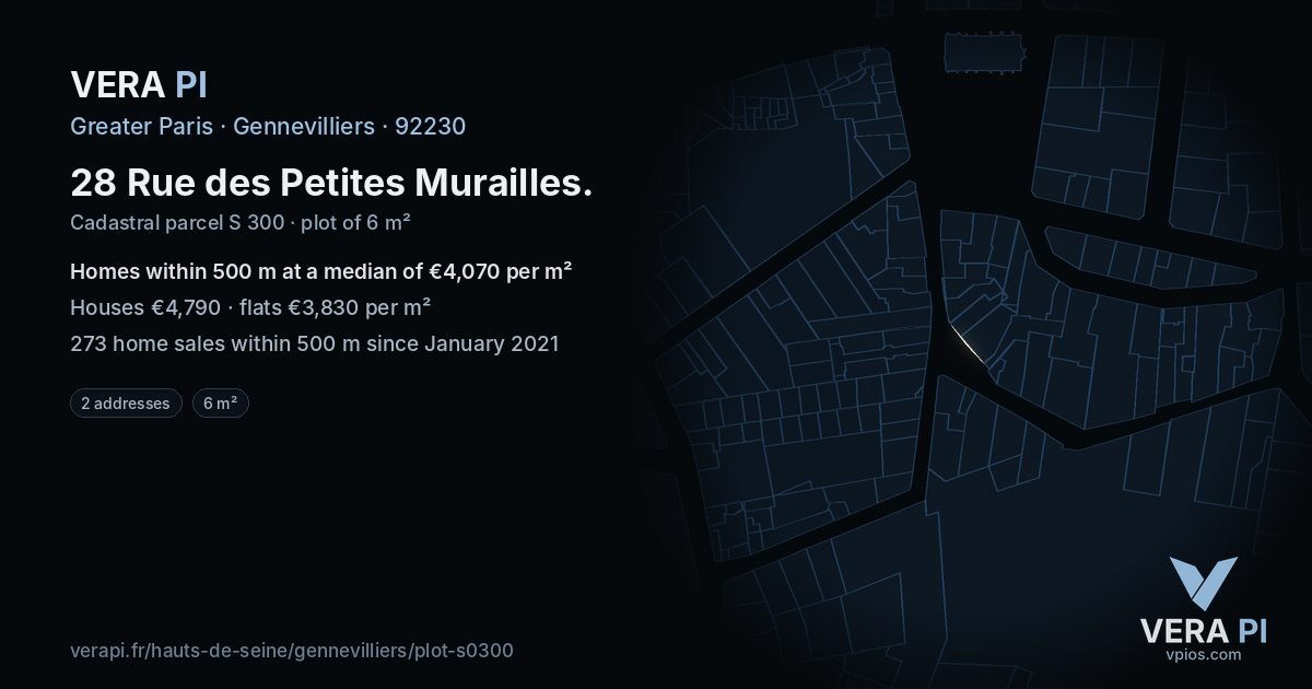 28 Rue des Petites Murailles, Gennevilliers at night – the plot lit, the parcels around coloured by the prices near them