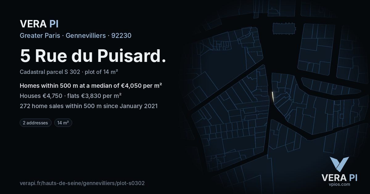5 Rue du Puisard, Gennevilliers at night – the plot lit, the parcels around coloured by the prices near them