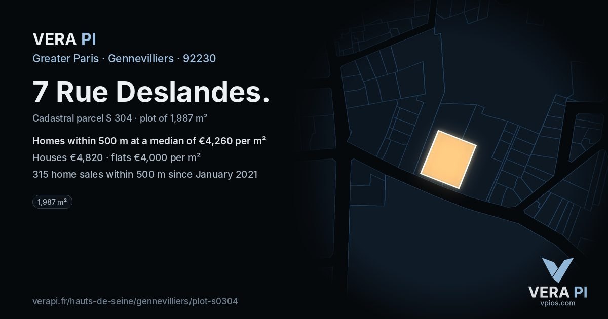 7 Rue Deslandes, Gennevilliers at night – the plot lit, the parcels around coloured by the prices near them