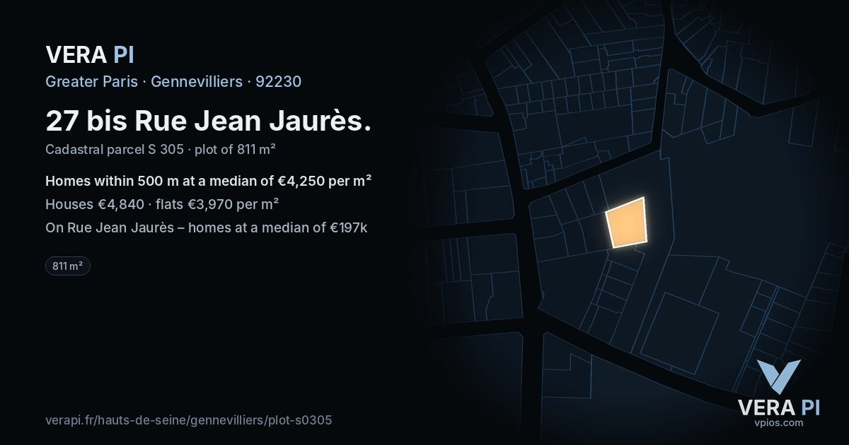 27 bis Rue Jean Jaurès, Gennevilliers at night – the plot lit, the parcels around coloured by the prices near them