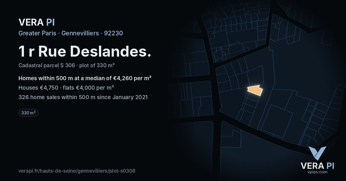 1 r Rue Deslandes, Gennevilliers at night – the plot lit, the parcels around coloured by the prices near them