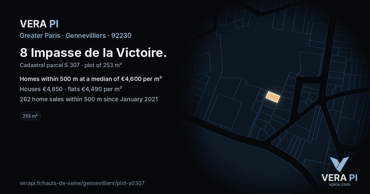 8 Impasse de la Victoire, Gennevilliers at night – the plot lit, the parcels around coloured by the prices near them