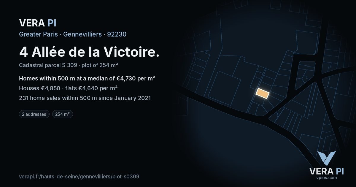 4 Allée de la Victoire, Gennevilliers at night – the plot lit, the parcels around coloured by the prices near them
