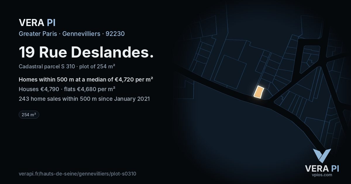 19 Rue Deslandes, Gennevilliers at night – the plot lit, the parcels around coloured by the prices near them