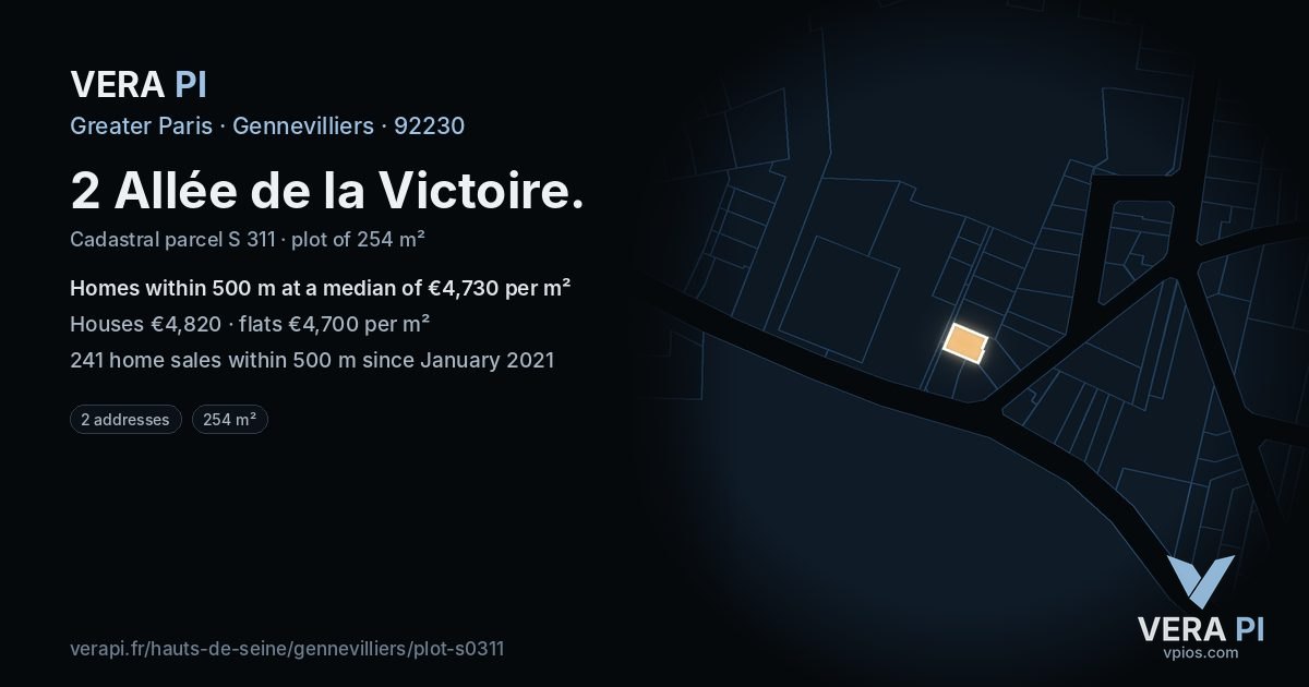 2 Allée de la Victoire, Gennevilliers at night – the plot lit, the parcels around coloured by the prices near them
