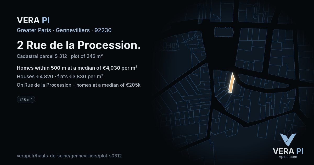 2 Rue de la Procession, Gennevilliers at night – the plot lit, the parcels around coloured by the prices near them