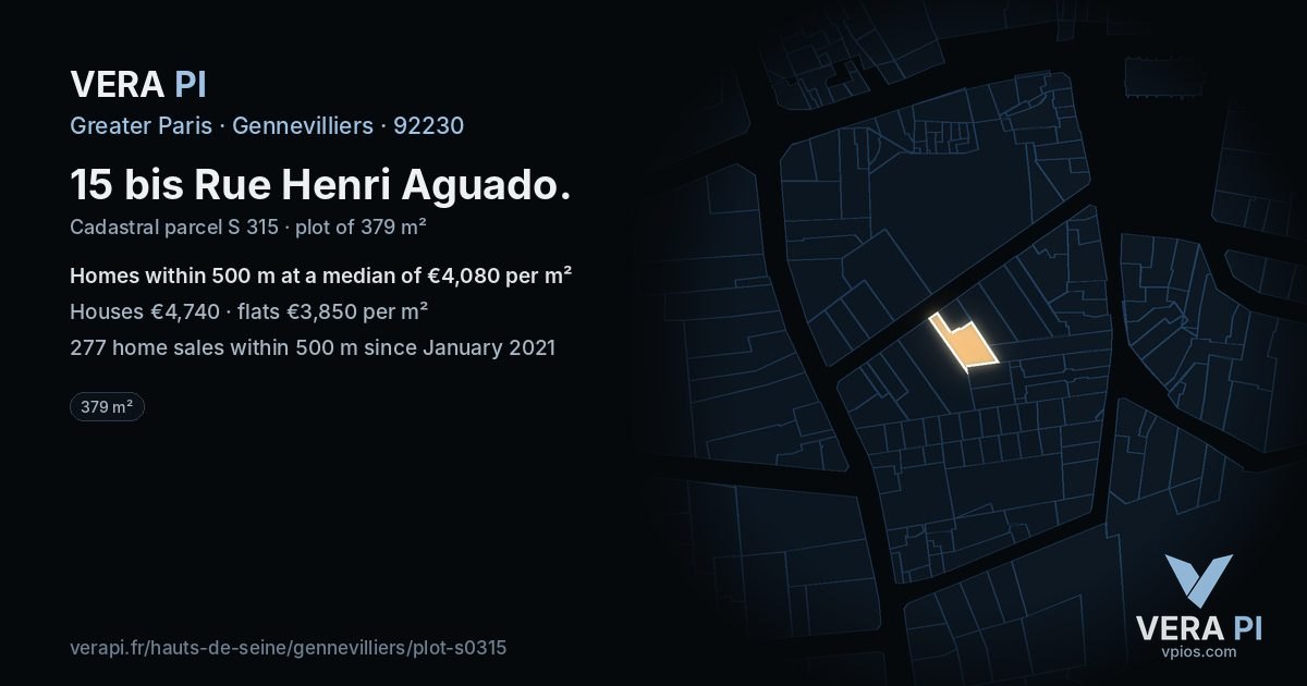 15 bis Rue Henri Aguado, Gennevilliers at night – the plot lit, the parcels around coloured by the prices near them