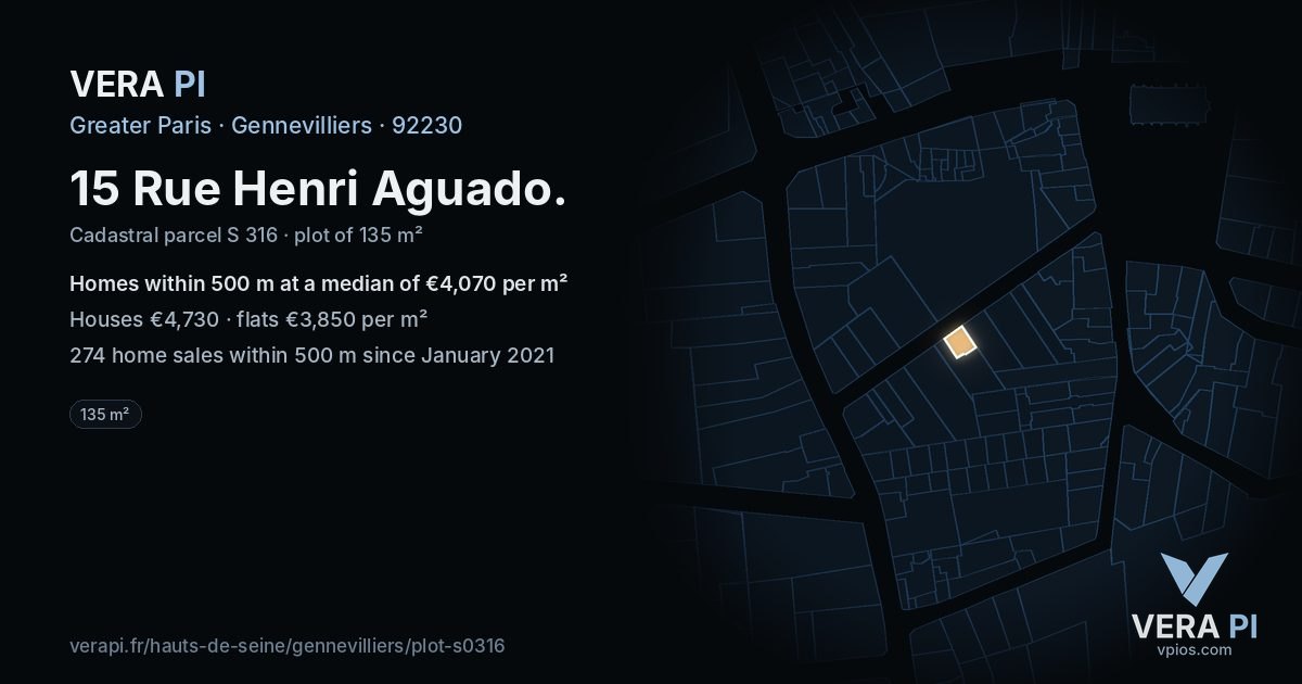 15 Rue Henri Aguado, Gennevilliers at night – the plot lit, the parcels around coloured by the prices near them