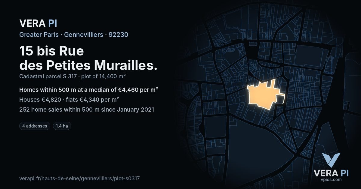 15 bis Rue des Petites Murailles, Gennevilliers at night – the plot lit, the parcels around coloured by the prices near them