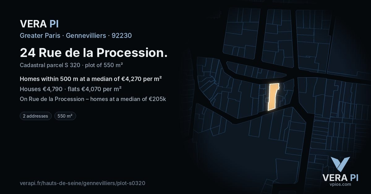 24 Rue de la Procession, Gennevilliers at night – the plot lit, the parcels around coloured by the prices near them