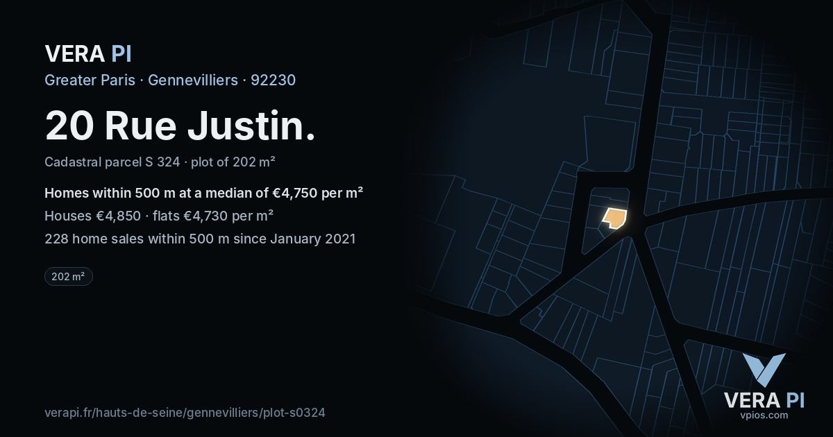 20 Rue Justin, Gennevilliers at night – the plot lit, the parcels around coloured by the prices near them