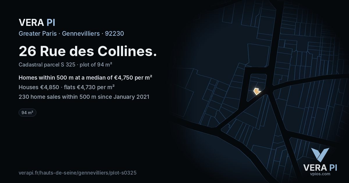 26 Rue des Collines, Gennevilliers at night – the plot lit, the parcels around coloured by the prices near them