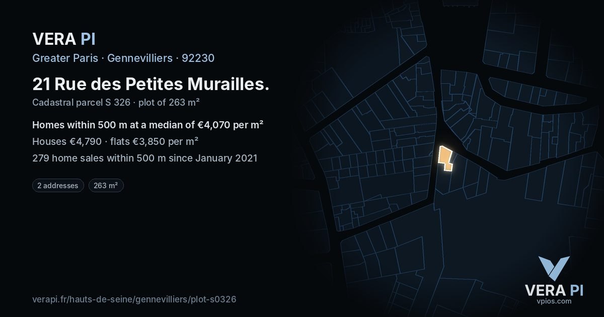 21 Rue des Petites Murailles, Gennevilliers at night – the plot lit, the parcels around coloured by the prices near them