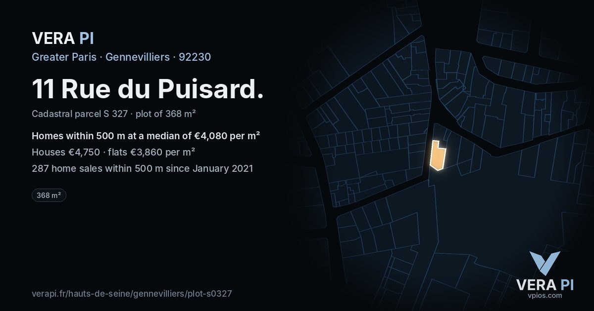 11 Rue du Puisard, Gennevilliers at night – the plot lit, the parcels around coloured by the prices near them