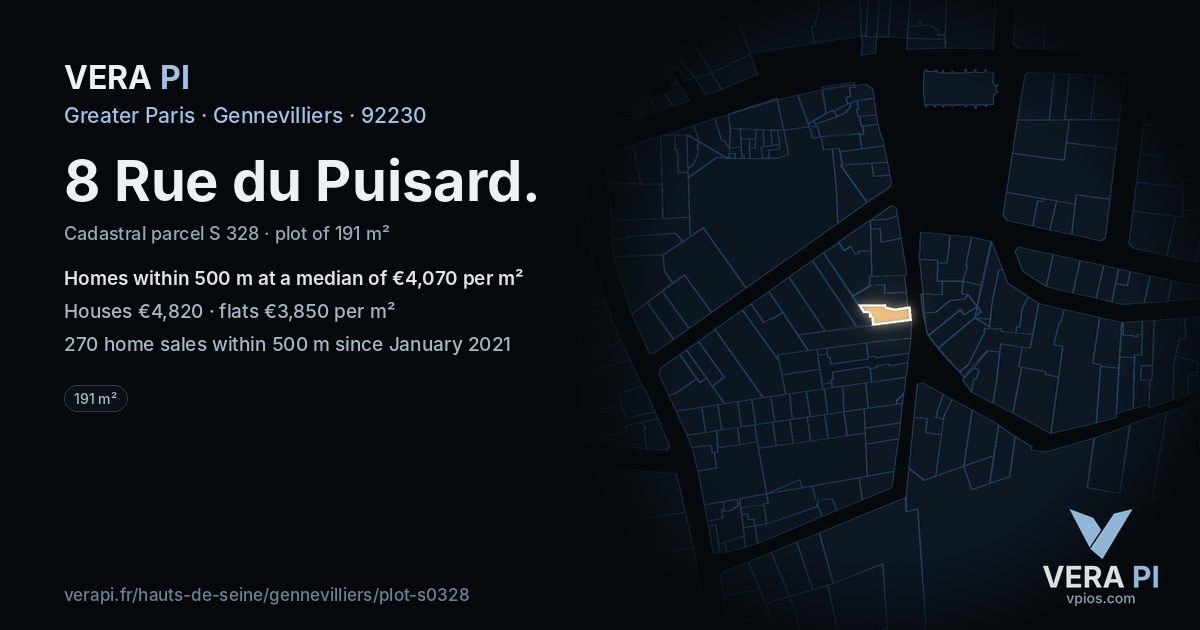 8 Rue du Puisard, Gennevilliers at night – the plot lit, the parcels around coloured by the prices near them