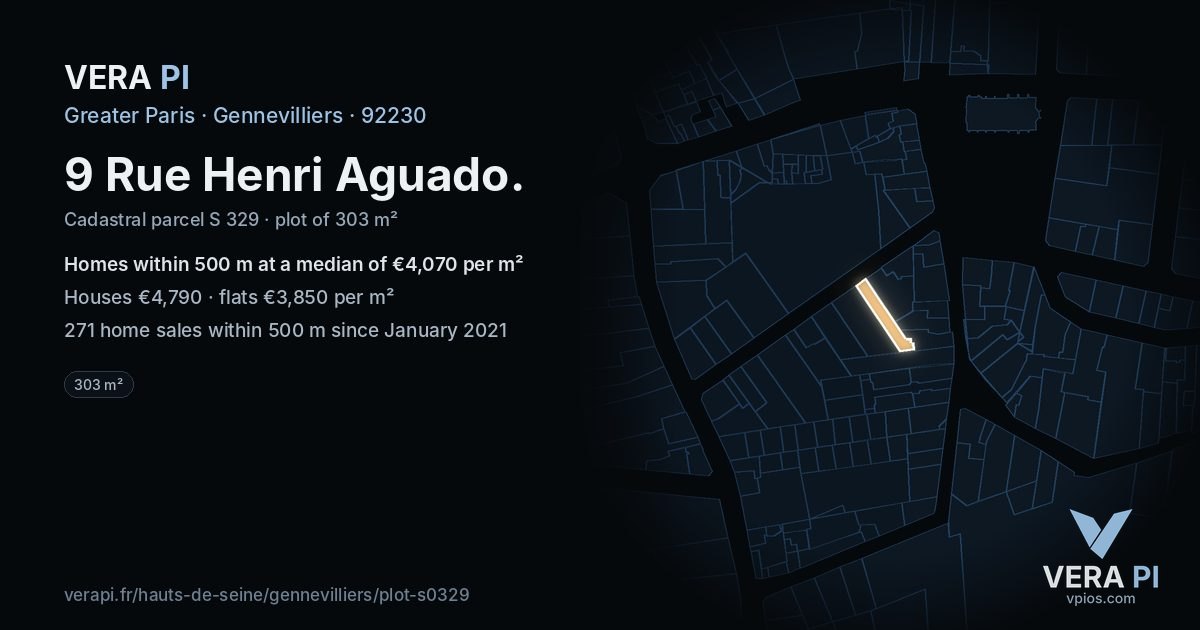 9 Rue Henri Aguado, Gennevilliers at night – the plot lit, the parcels around coloured by the prices near them