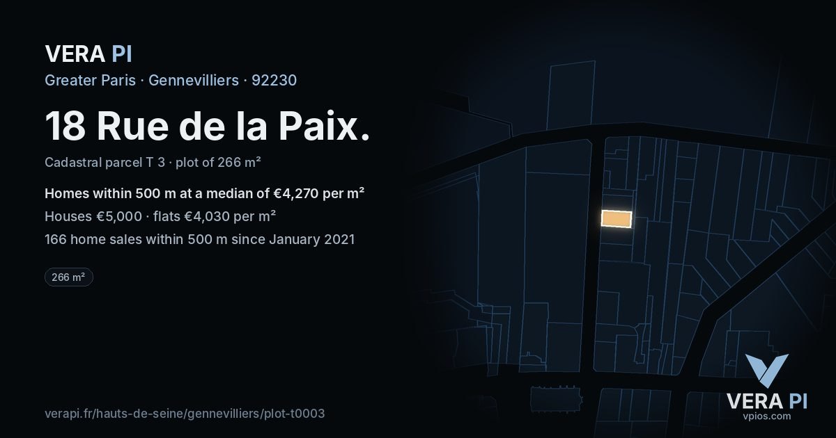 18 Rue de la Paix, Gennevilliers at night – the plot lit, the parcels around coloured by the prices near them