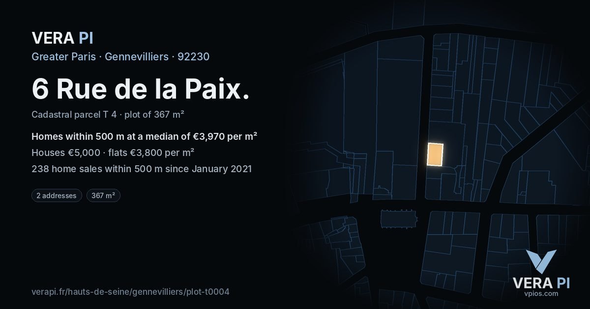 6 Rue de la Paix, Gennevilliers at night – the plot lit, the parcels around coloured by the prices near them