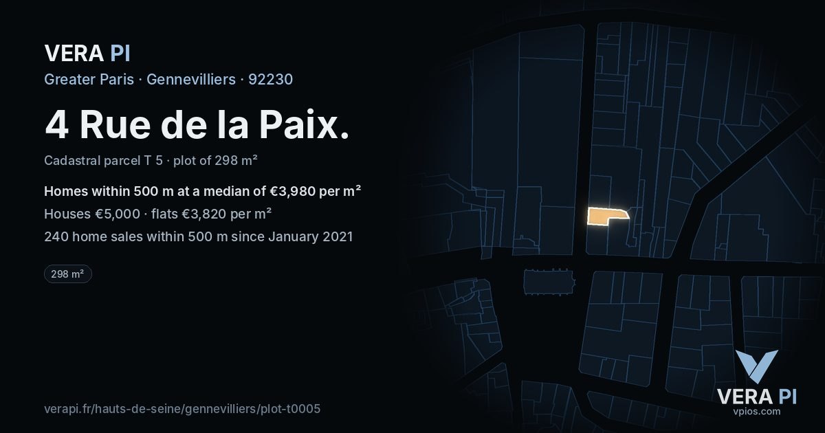4 Rue de la Paix, Gennevilliers at night – the plot lit, the parcels around coloured by the prices near them