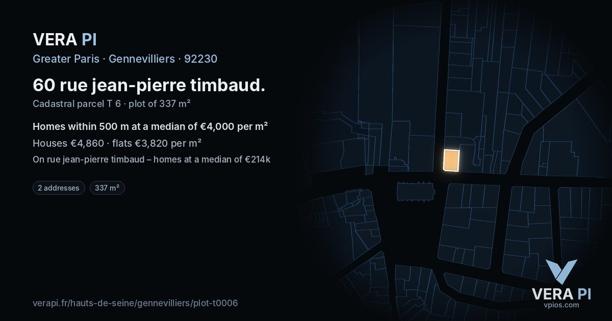 60 rue jean-pierre timbaud, Gennevilliers at night – the plot lit, the parcels around coloured by the prices near them
