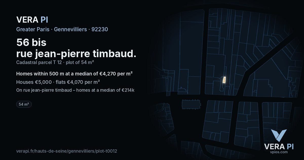 56 bis rue jean-pierre timbaud, Gennevilliers at night – the plot lit, the parcels around coloured by the prices near them