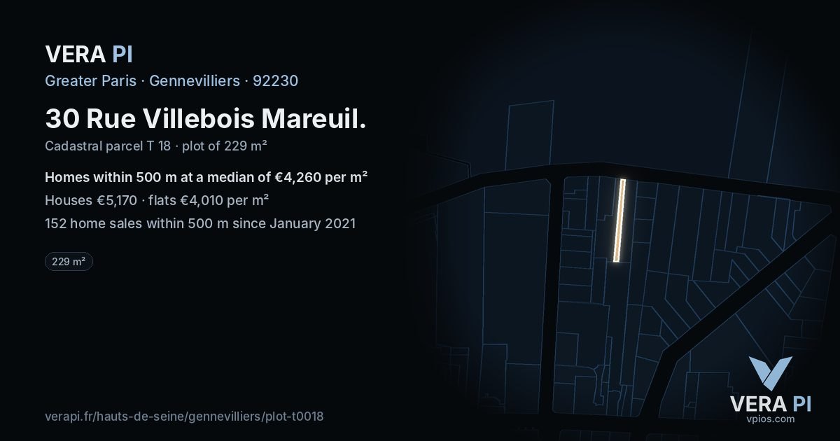 30 Rue Villebois Mareuil, Gennevilliers at night – the plot lit, the parcels around coloured by the prices near them
