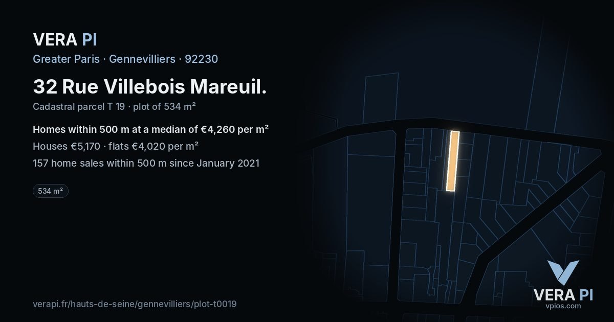 32 Rue Villebois Mareuil, Gennevilliers at night – the plot lit, the parcels around coloured by the prices near them